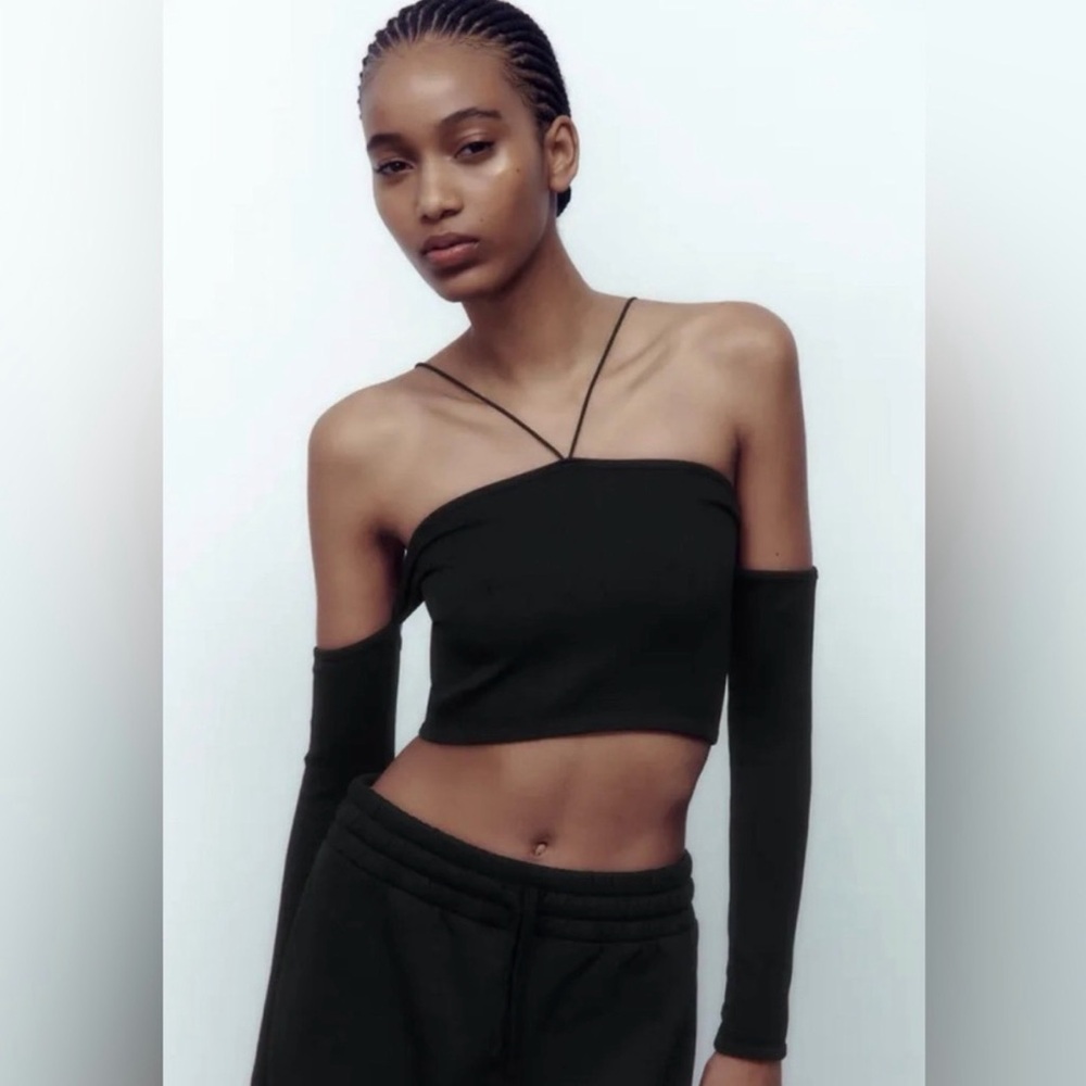 ZARA NWT Black Strappy Off-Shoulder Crop Top